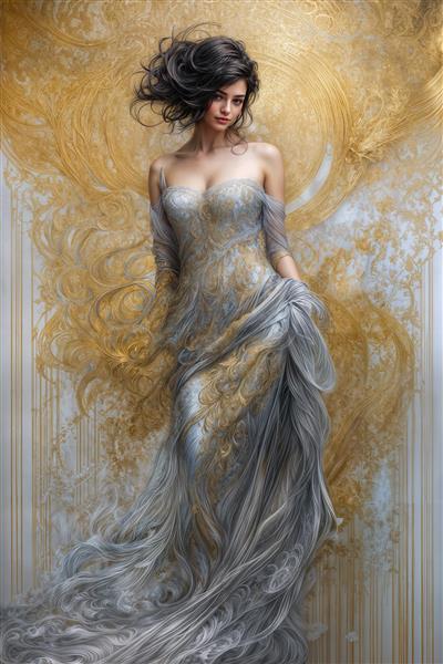 فیگور کامل زن با لباس بلند نقره‌ای طلایی و پس‌زمینه درخشان برای پوستر دیواری عمودی تالار عروسی و ورودی هتل