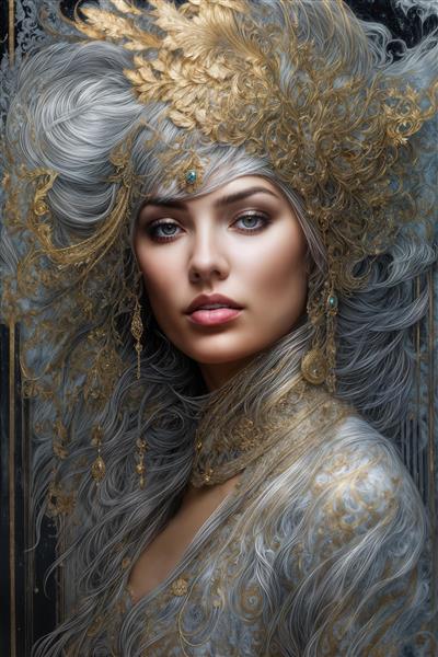 تصویر باکیفیت ملکه نقره‌ای با تاج گل طلایی و چشمان آبی روشن مناسب پوستر دیواری اتاق مستر و مزون لباس عروس