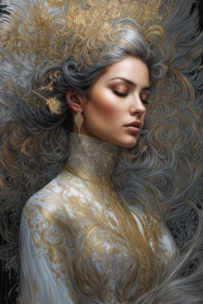 طرح اشرافی زن با موهای نقره‌ای و لباس گلدوزی شده طلایی برای پوستر دیواری تالارهای پذیرایی و سالن‌های مجلل