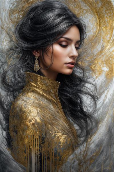 پرتره رویایی زن با چشمان بسته و لباس یقه بلند طلایی ویژه چاپ تابلو دکوراتیو و پوستر دیواری سالن مدیتیشن