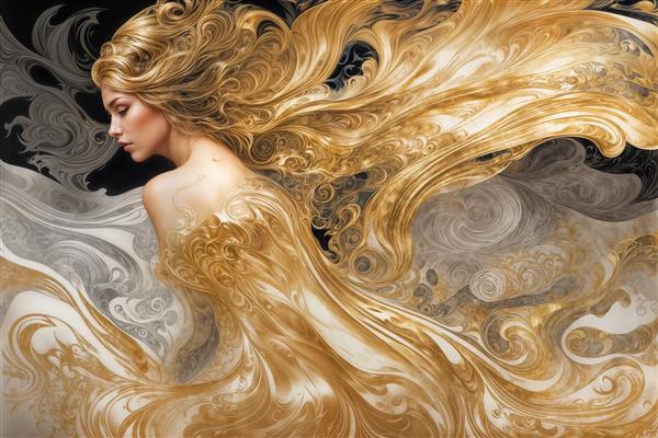 نقاشی دیجیتال زن با موهای پریشان طلایی در میان غبار جادویی مناسب برای پوستر دیواری اتاق خواب و دفتر کار مدرن