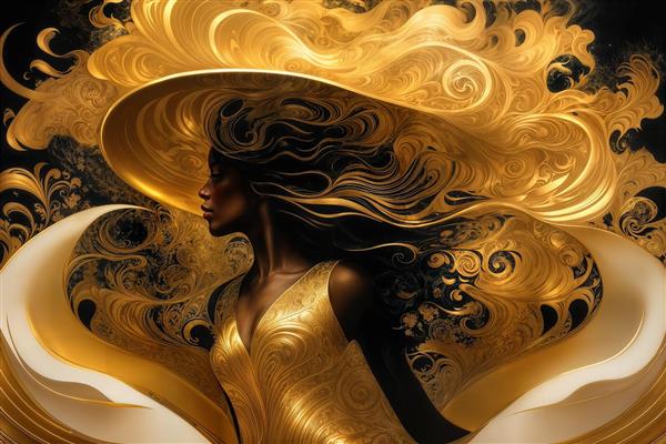 نیم‌رخ زن آفریقایی با لباس طلایی براق و موهای مواج برای پوستر دیواری لابی هتل و دکوراسیون داخلی مجلل