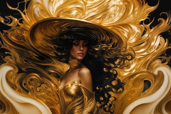 پرتره هنری زن زیبا با تم مشکی طلایی و کلاه لبه‌دار برای پوستر دیواری لاکچری آرایشگاه زنانه و دکوراسیون داخلی مزون