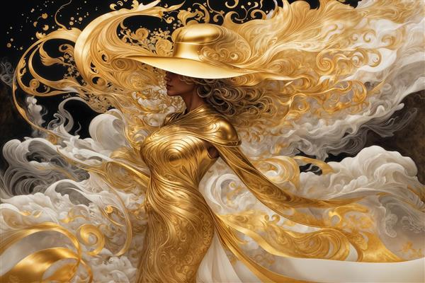 تصویر رویایی بانو با کلاه و لباس طلایی در میان ابرهای سفید و درخشان برای چاپ روی کوسن، آباژور و پوستر دیواری اتاق نشیمن