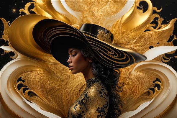 پروفایل زن با کلاه بزرگ سیاه و پس‌زمینه انتزاعی طلایی و کرم مخصوص تابلو دکوراتیو، پوستر دیواری پشت میز مدیریت و سالن مد