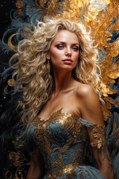 پرتره بریتنی اسپیرز زیبا با لباس سلطنتی آبی و طلایی و موهای بلوند پرپشت مناسب برای پوستر دیواری لاکچری اتاق خواب و قاب دکوراتیو سالن پذیرایی