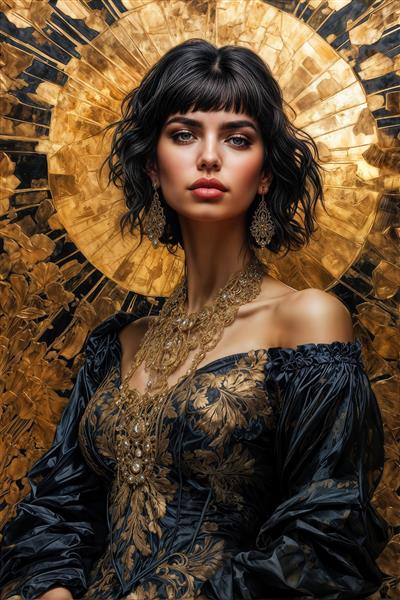 پوستر دیواری دوآ لیپا با موهای پرپشت و هاله خورشید طلایی در پس‌زمینه برای دکوراسیون آرایشگاه‌های زنانه و سالن‌های مد