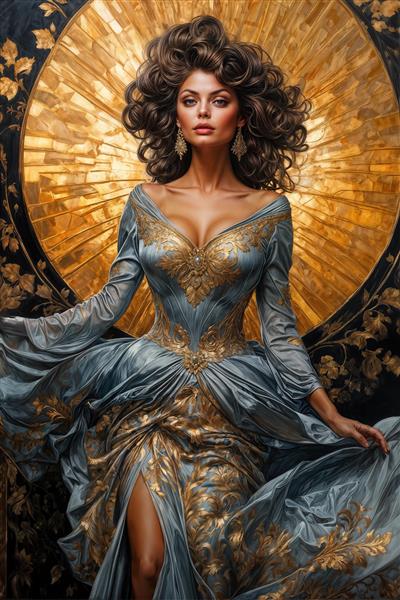 طرح پوستر دیواری مدرن سوفیا لورن در حال حرکت با پیراهن طلایی درخشان و پس‌زمینه ماه کامل برای فضاهای لابی و پشت میز پذیرش