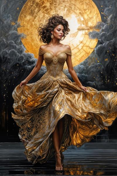 پوستر دیواری فانتزی سوفیا لورن با لباس حریر در باد و پس‌زمینه ماه بزرگ ویژه دکوراسیون اتاق خواب و فضاهای آرامش‌بخش