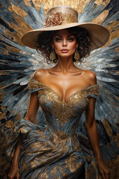 پوستر دیواری کلاسیک سوفیا لورن با کلاه لبه‌دار و لباس آبی طلایی اشرافی مناسب برای تزئین دیوارهای سالن پذیرایی و هتل‌های کلاسیک