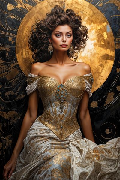 طرح لوکس پوستر دیواری سوفیا لورن در لباس مجلل با طرح گل‌های طلایی برجسته مناسب برای سالن‌های عقد و تالارهای مجلل