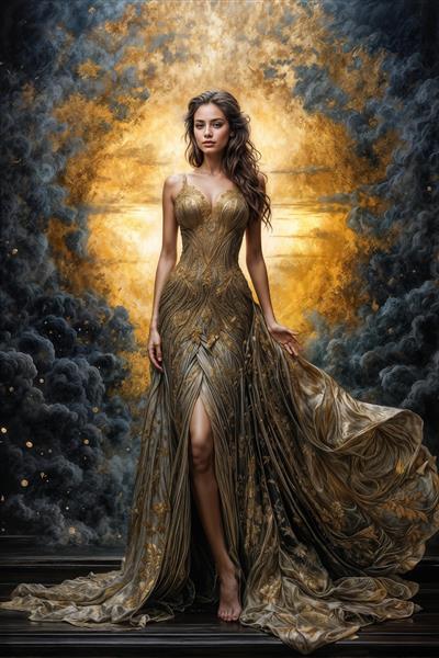 پوستر دیواری هنری پرتره آنجلینا جولی با لباس زردوزی شده و پس‌زمینه خورشید طلایی انتخابی عالی برای دفتر مدیریت و اتاق نشیمن