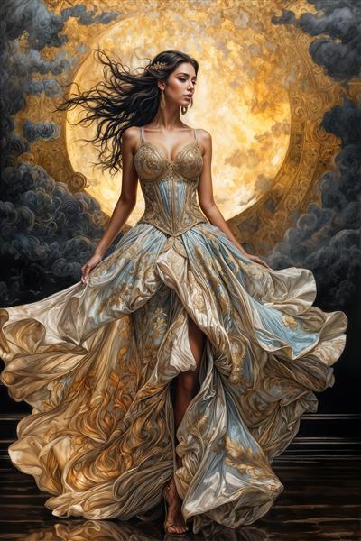 تصویر باکیفیت دوآ لیپا در لباس شب دنباله‌دار طلایی با تم کهکشانی و مه آلود ویژه چاپ پوستر دیواری ۳ بعدی و تابلو دکوراتیو اتاق خواب