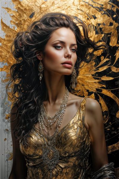 طرح عمودی پوستر دیواری پرتره آنجلینا جولی با آرایش کلاسیک و جواهرات طلایی خیره‌کننده برای سالن‌های زیبایی و مزون‌های لوکس