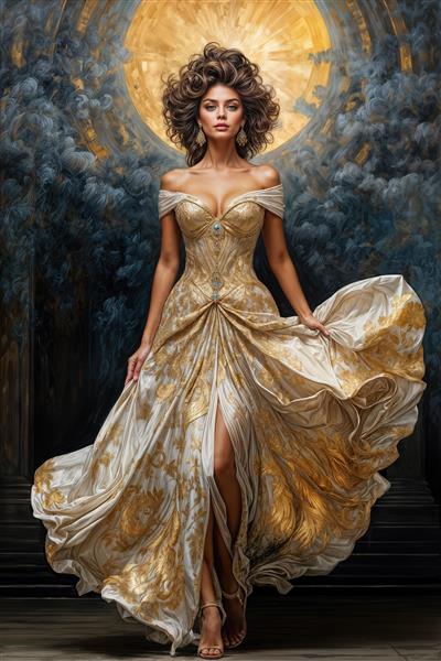 پوستر دیواری لاکچری سوفیا لورن در لباس طلایی با پس‌زمینه ماه درخشان و ابرهای تیره مناسب تالارهای پذیرایی و لابی هتل