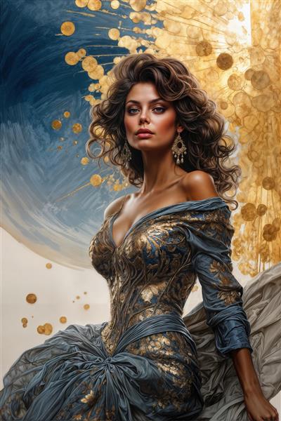 تصویر باکیفیت سوفیا لورن با لباس مجلسی آبی و طلایی خیره کننده ویژه چاپ پوستر دیواری پذیرایی و پرده‌های تصویری لوکس