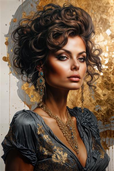 طرح گرافیکی سوفیا لورن با موهای مجعد و تم رنگی طلایی و زغالی برای چاپ روی کوسن، ماگ و پوستر دیواری آرایشگاه‌های مدرن