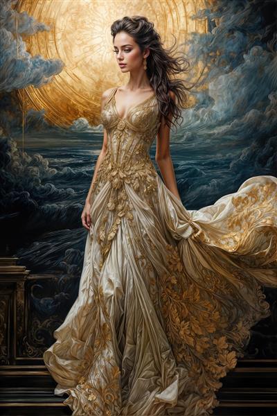 تابلو دکوراتیو آنجلینا جولی با لباس ابریشمی در میان ابرهای طلایی و آبی تیره مناسب برای دکوراسیون داخلی اتاق خواب و دفتر مدیریت