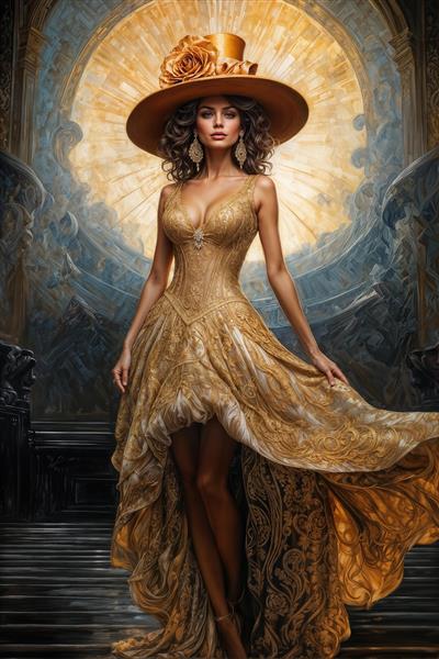 تصویر هنری سوفیا لورن با لباس مجلسی و کلاه بزرگ در فضای کاخ مانند ایده آل برای پوستر دیواری لابی هتل و تالارهای پذیرایی