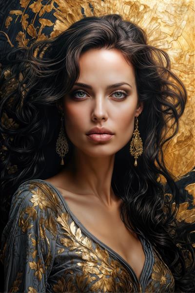 چهره نگاری هنری آنجلینا جولی با جزئیات طلایی و جواهرات خیره کننده برای چاپ روی بوم، تابلو دکوراتیو و استفاده به عنوان پوستر دیواری پشت تخت خواب