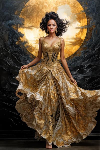 پوستر سه بعدی الیزابت تیلور با لباس پر زرق و برق و پس‌زمینه انتزاعی مشکی و طلایی ویژه نصب در سالن‌های آرایش زنانه و مزون‌های لباس