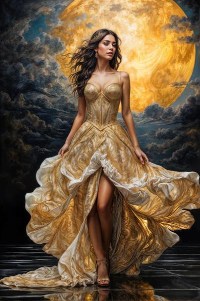 تصویر رویایی دوآ لیپا با لباس مجلسی طلایی در مقابل قرص ماه بزرگ مناسب برای پوستر دیواری اتاق خواب و تابلو دکوراتیو سالن پذیرایی لوکس