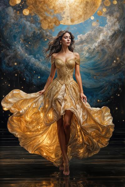 طرح آسمانی و سورئال دوآ لیپا با ماه تابان و لباس شب طلایی ویژه پوستر دیواری کافی‌شاپ و رستوران مدرن