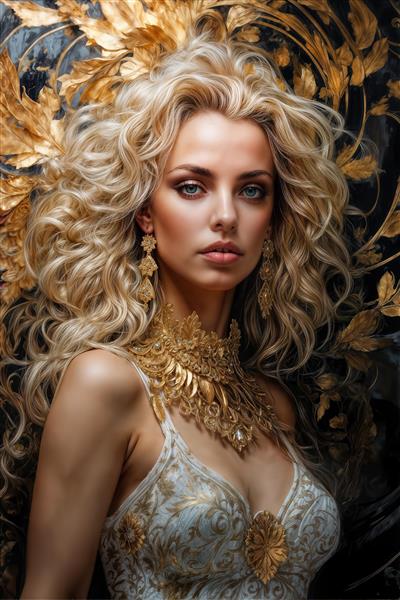 تصویر هنری بریتنی اسپیرز با موهای موج‌دار بلوند و گردنبند پهن طلایی مناسب چاپ روی بوم و تابلو دکوراتیو