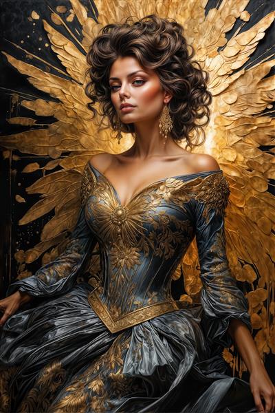 طرح اختصاصی سوفیا لورن در استایل ملکه با بال‌های طلایی و لباس شب تیره برای فضاهای تجاری و هتل‌های لوکس