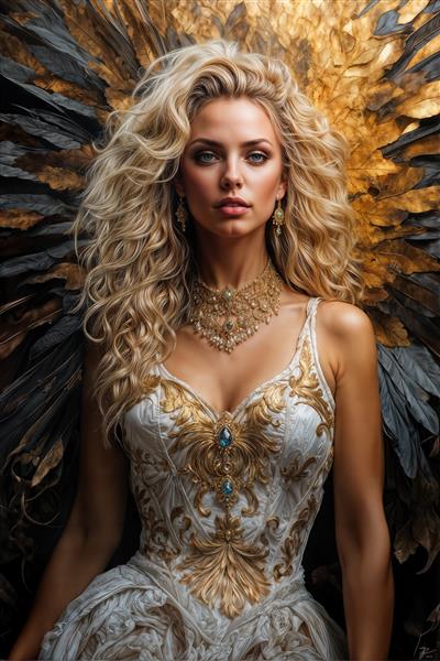 طرح مفهومی بریتنی اسپیرز با بال‌های فرشته‌گون طلایی و لباس سفید مجلل برای پوستر دیواری اتاق خواب مدرن