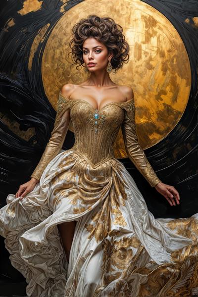 پوستر دیواری ۳ بعدی بریتنی اسپیرز با پیراهن پف‌دار سفید و طلایی در پس‌زمینه ماه طلایی مناسب ویلا و مزون