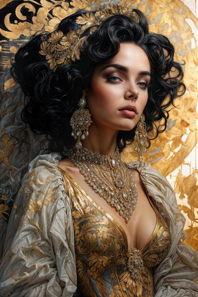 پوستر دیواری کلاسیک الیزابت تیلور با لباس مجلل عصر باروک و جواهرات مروارید نشان برای پشت تخت خواب