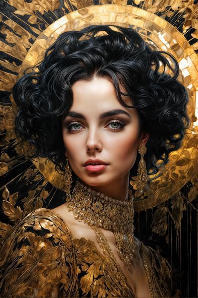 پوستر دیواری مدرن چهره الیزابت تیلور با المان‌های گرافیکی طلایی و مشکی ایده‌آل برای سالن آرایش و مزون‌های لوکس