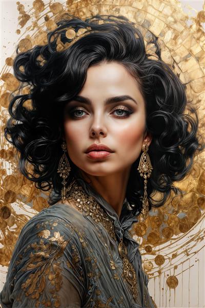 طرح مفهومی هنری الیزابت تیلور با موهای فر مشکی و زیورآلات طلایی برای چاپ روی پوستر دیواری ۳ بعدی و بوم