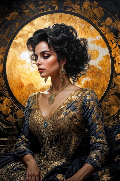 تابلو دکوراتیو عمودی چهره نیم‌رخ الیزابت تیلور در قاب دایره‌ای اسلیمی طلایی ویژه دکوراسیون اتاق مدیریت و هتل