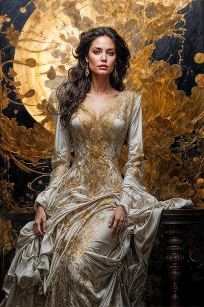پوستر دیواری لوکس طرح نقاشی آنجلینا جولی با لباس مجلسی طلایی و سفید مناسب تالارهای پذیرایی و سالن‌های زیبایی