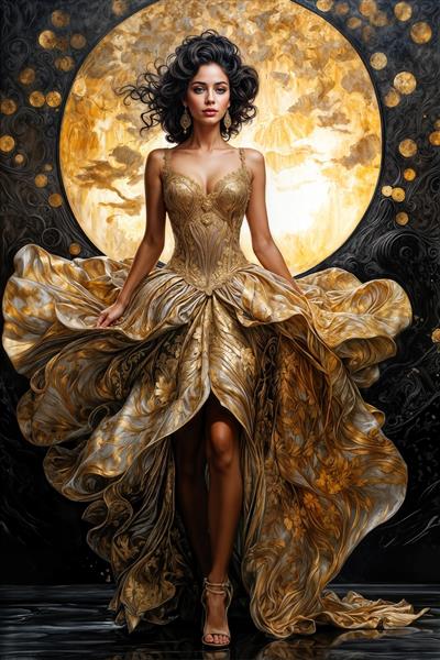 پوستر سه بعدی مدرن زن با لباس کلوش طلایی و پس‌زمینه ذرات نورانی دایره‌ای برای دکوراسیون بوتیک‌ها و لابی مجتمع‌های مسکونی