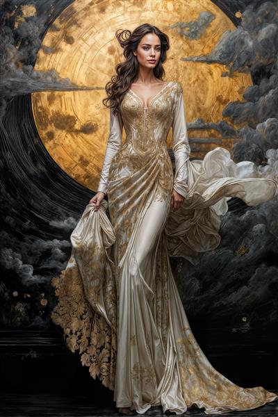 طرح عمودی و باشکوه زن با لباس کار شده طلایی در مقابل قرص ماه کامل برای پوستر دیواری سالن‌های پذیرایی و تالارهای تشریفات