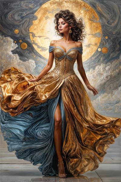 پوستر دیواری بادبان‌گونه بانو با لباس حریر آبی و طلایی در میان ابرهای متلاطم مناسب برای دیوارهای اتاق خواب و اتاق کودک