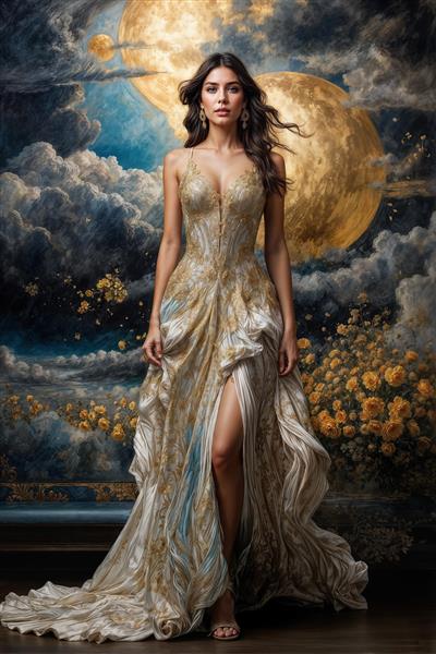 تصویر رویایی دو ماه در آسمان و زن با لباس طلایی در میان گل‌های زرد ویژه پوستر دیواری اتاق نشیمن و پشت میز پذیرش هتل