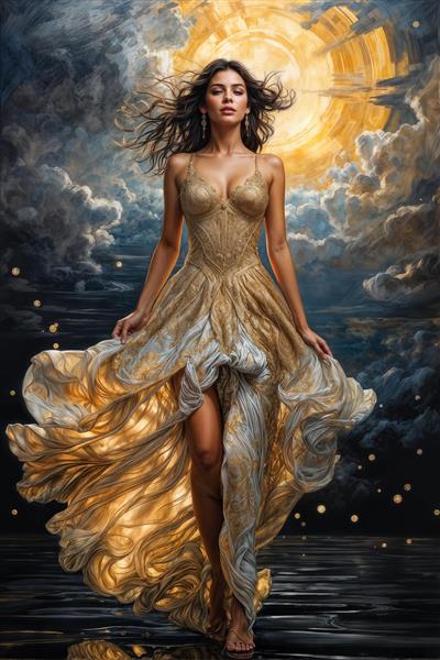 پوستر دیواری متحرک‌گونه زن در حال قدم زدن روی آب تحت تلالو خورشید طلایی برای فضای استخر، اسپا و سالن‌های ورزشی لوکس