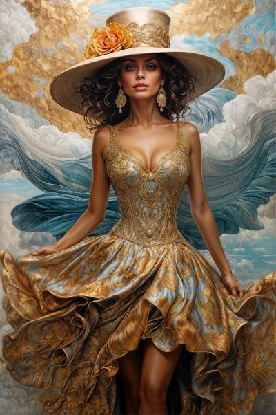 طرح فانتزی زن با کلاه حصیری تزیین شده با گل رز در میان ابرهای آبی و طلایی مخصوص پوستر دیواری اتاق خواب دخترانه و آتلیه