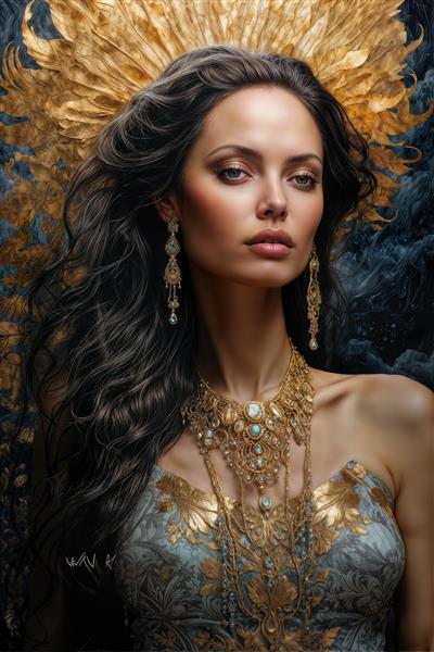 پوستر دیواری هنری چهره آنجلینا جولی با تاج پرهای طلایی و جواهرات لوکس فیروزه‌ای انتخابی بی‌نظیر برای سالن‌های زیبایی و آرایشگاه