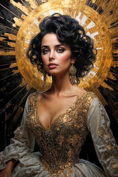 پرتره گرافیکی زن با لباس طلایی و موهای مجعد در پس‌زمینه خورشید انتزاعی برای چاپ پوستر، تابلو شاسی و روتختی‌های مدرن