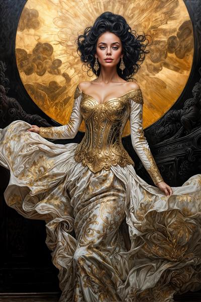 پوستر دیواری سه بعدی زن با موهای مشکی پرپشت و لباس طلایی در قاب دایره‌ای درخشان مناسب برای دکوراسیون مزون‌ها و اتاق