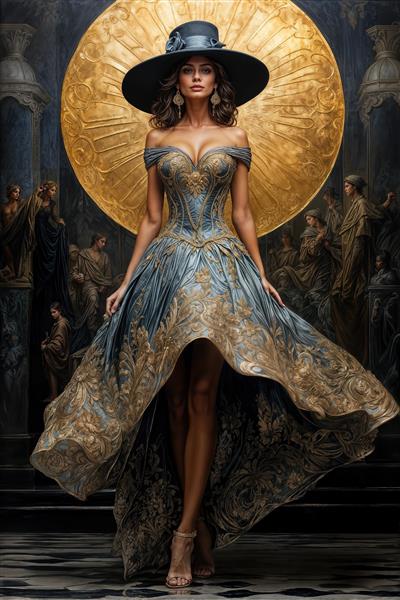 طرح کلاسیک بانو با کلاه مشکی و لباس آبی نفتی در میان تندیس‌های رومی ویژه پوستر دیواری راهروهای عریض و سالن‌های همایش