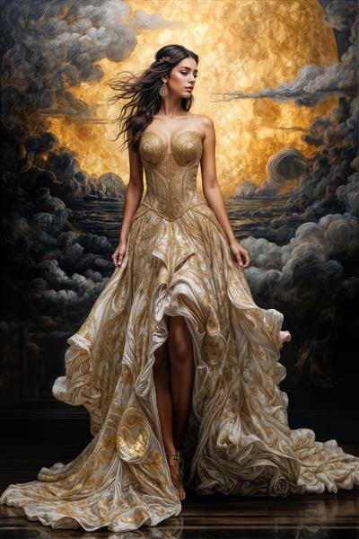 پوستر دیواری هنری بانو با لباس چین‌دار بسیار بلند در میان غبار و ابرها با تم رنگی طلایی و دودی برای سالن پذیرایی و نشیمن
