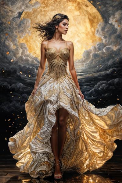 طرح عمودی پوستر دیواری زن درخشان با لباس شب مجلل و ذرات معلق طلا برای تزیین دکوراسیون داخلی ویلا و دفاتر تجاری لوکس