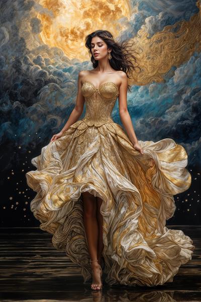 پوستر سه بعدی باکیفیت زن با لباس پف‌دار طلایی در اقیانوس ابرها و نور خورشید مناسب برای دکوراسیون لابی و کلینیک‌های زیبایی