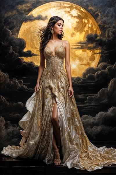 پوستر دیواری منظره رویایی قدم زدن زن در شب مهتابی با لباس حریر طلایی ویژه دیوار پشت تخت‌خواب و سالن‌های یوگا و مدیتیشن